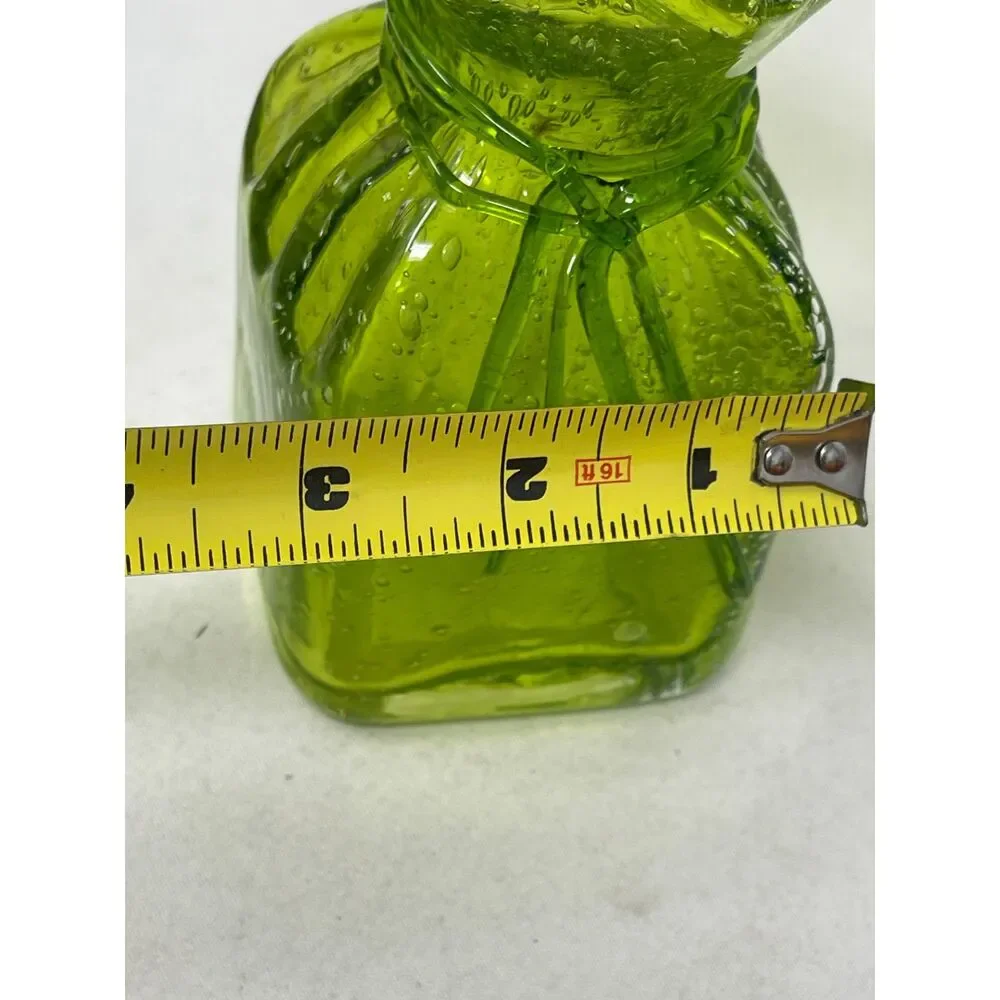 Vintage Art Glass Vase Hand Blown Apple Green Bubble Paper Bag Ribbon Ruffle